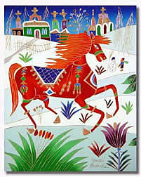 YURI GORBACHEV RED HORSE IN WINTER WITH SNOWMAN