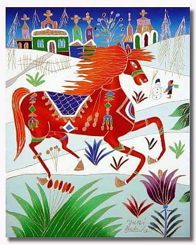 YURI GORBACHEV RED HORSE IN WINTER WITH SNOWMAN