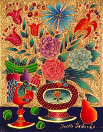 YURI GORBACHEV STILL LIFE FLOWERS, FRUIT ON BLUE TABLE